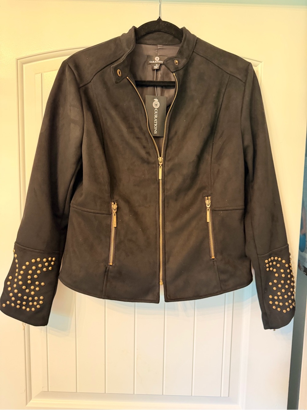 Curations Black Faux-Suede Studded Zip Front Jacket